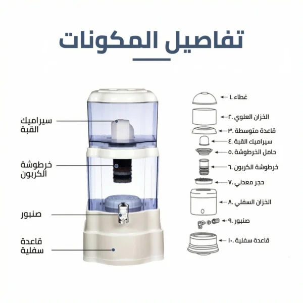 جهاز تنقية وتصفية المياه المنزلي سعة 22 لتر – نظام الجاذبية وأحجار المايفان المعدنية
