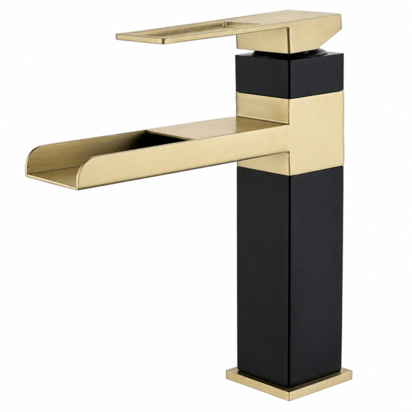 Robinet Mitigeur Lavabo Cascade Noir & Or Brossé en Acier Inoxydable